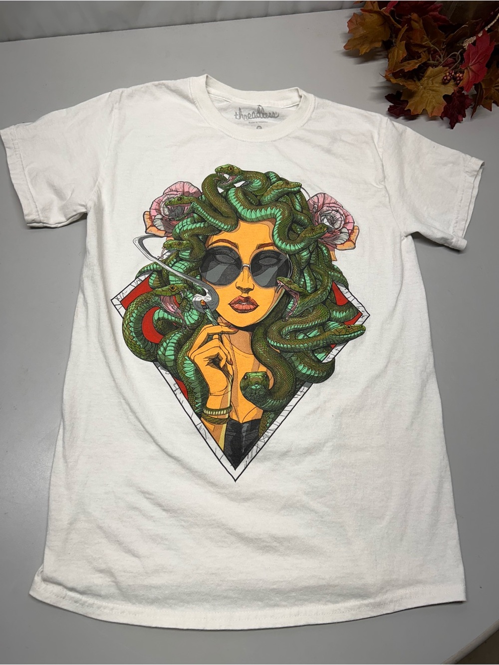 Threadless White Tee with Green Medusa Graphic